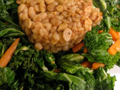 Salteado de tempeh e trigo em grão